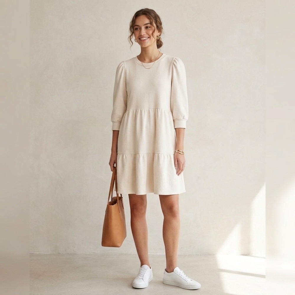 t.la Cream Tiered Puff Sleeve Sweatshirt Dress XL‎ Cotton Made in USA Babydoll